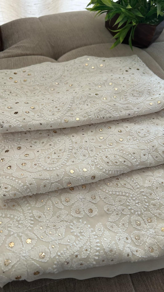 Ivory White Mukaish Chikankari Kurti Fabric (Only Kurti)