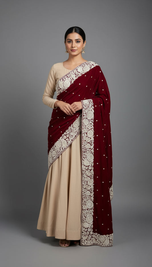 Maroon Ivory Parsi Gara Hand Embroidered Dupatta