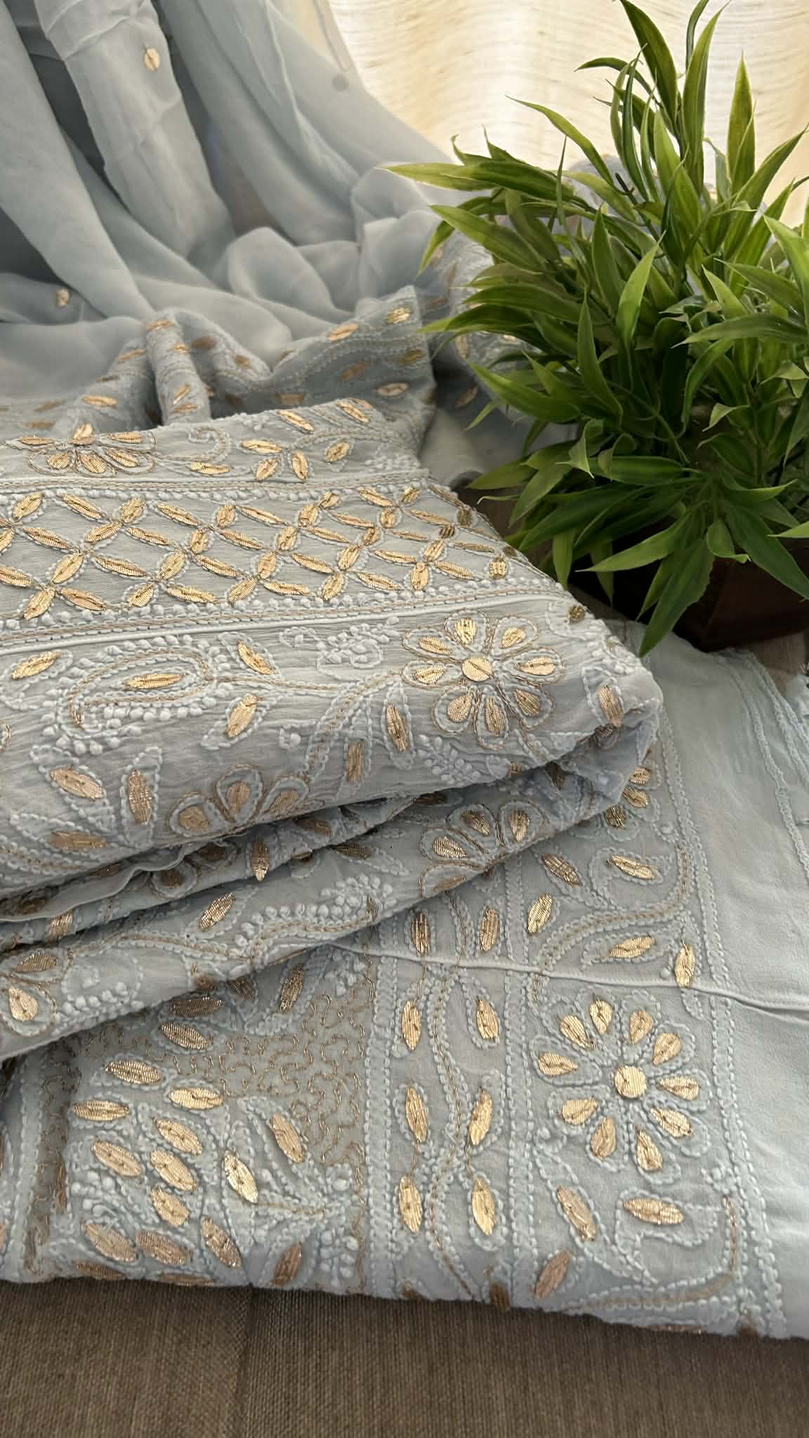 Greyish Blue Gota Patti Chikankari Anarkali Suit (Anarkali And Dupatta)