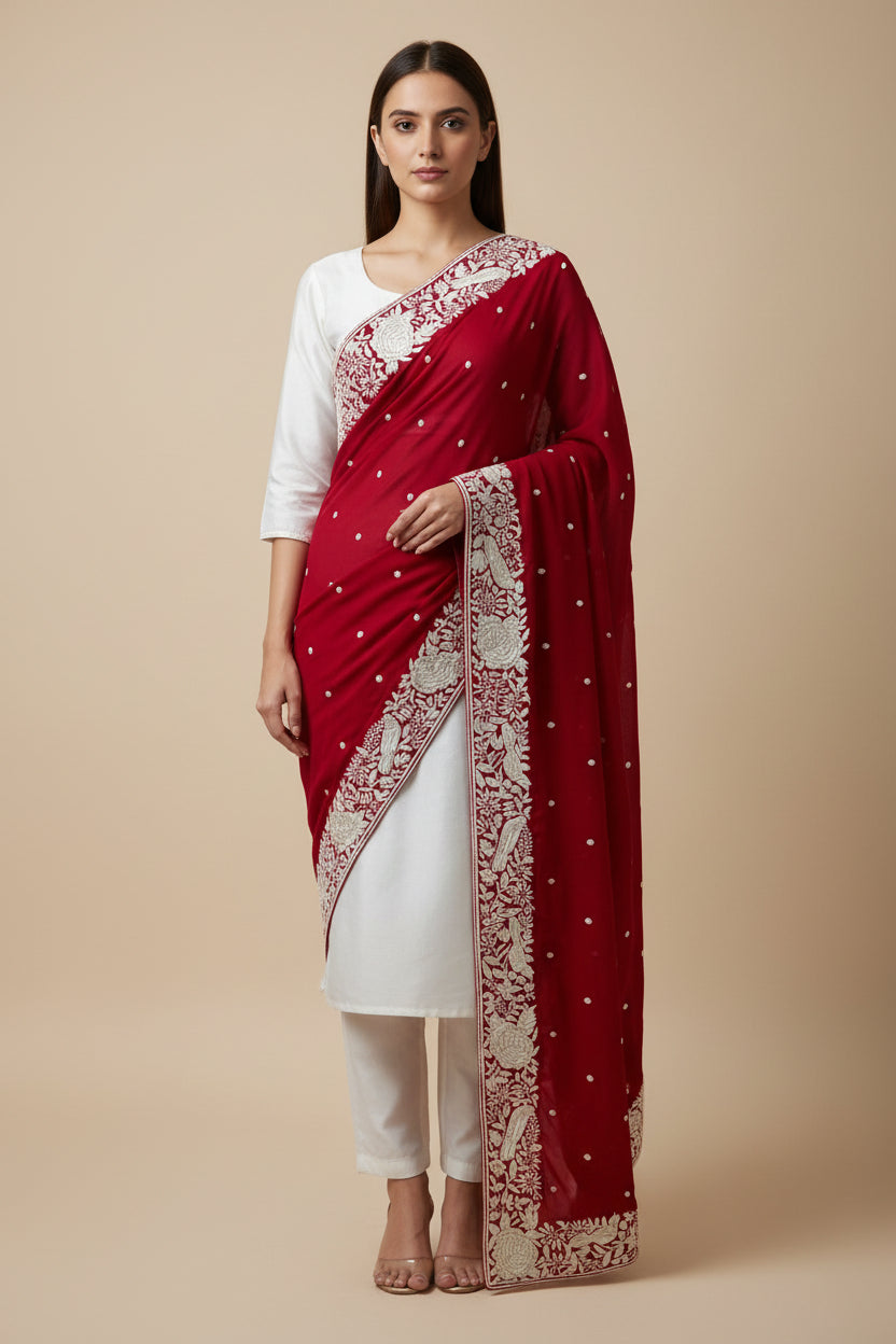 Pre Order Ivory & Red Parsi Gara Hand Embroidered Dupatta
