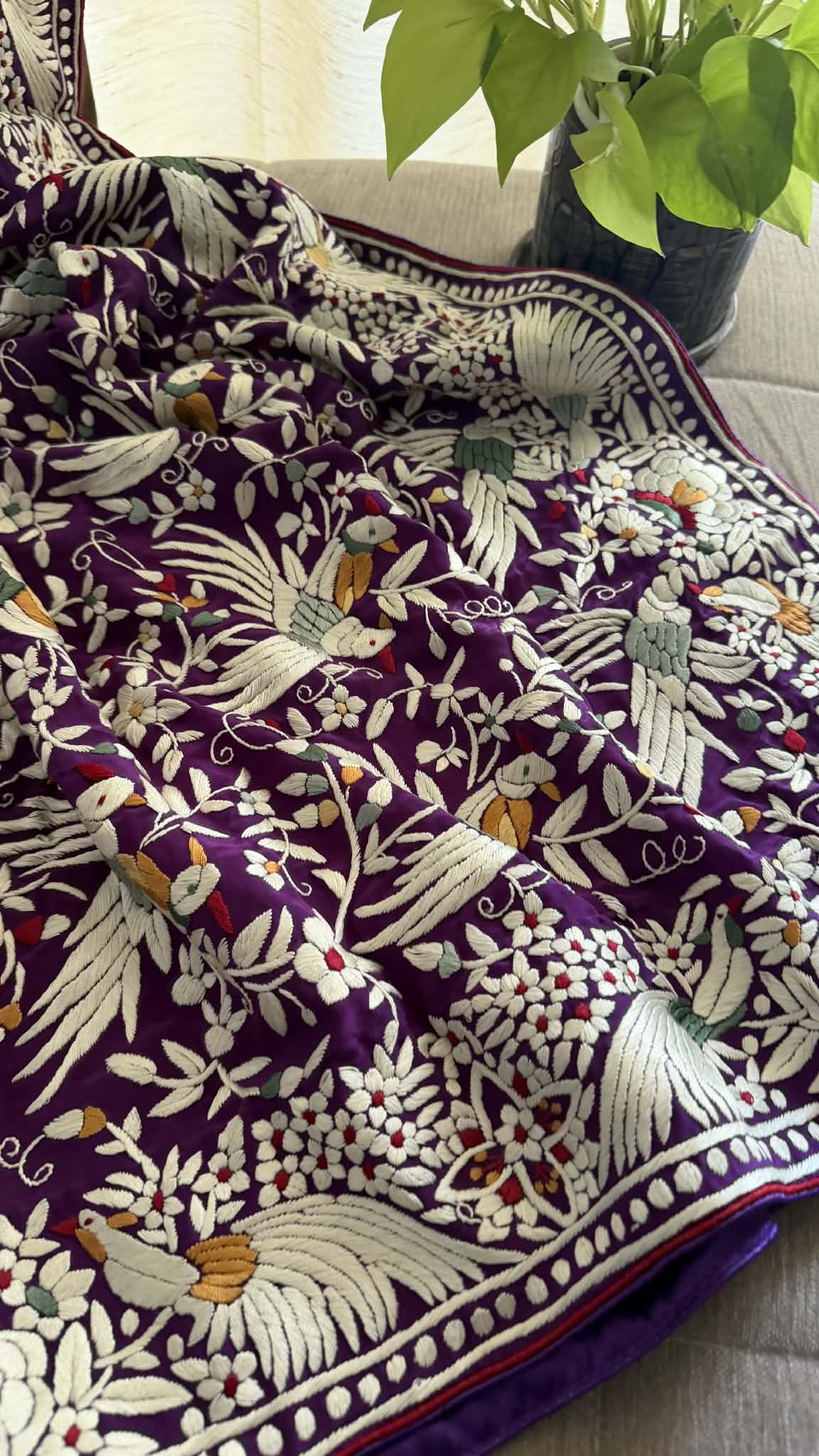 Designer Purple Parsi Gara Hand Embroidered Dupatta