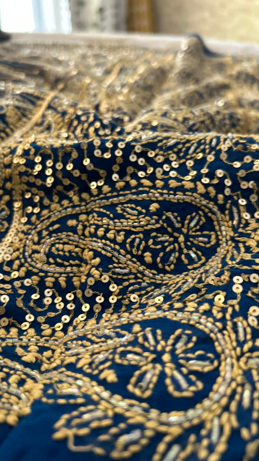 Blue Masterpiece Cut Dana Sequin Chikankari Suit (Kurta & Dupatta)
