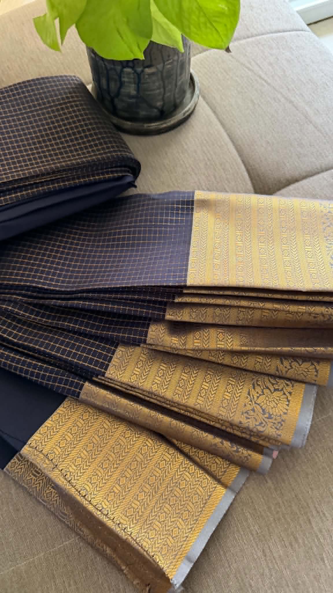 Designer Navy & Pink Checked Silk Saree