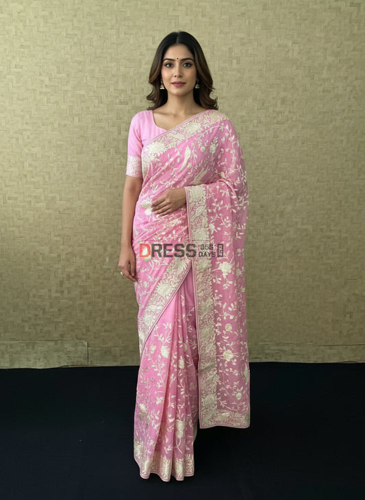Light Pink & Ivory Parsi Gara Hand Embroidered Saree