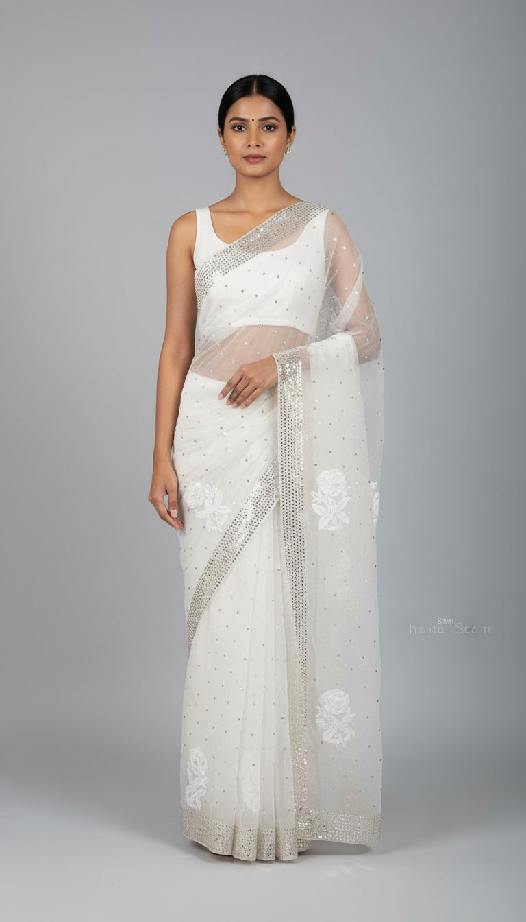 Ivory White Organza Chikankari & Mukaish Saree
