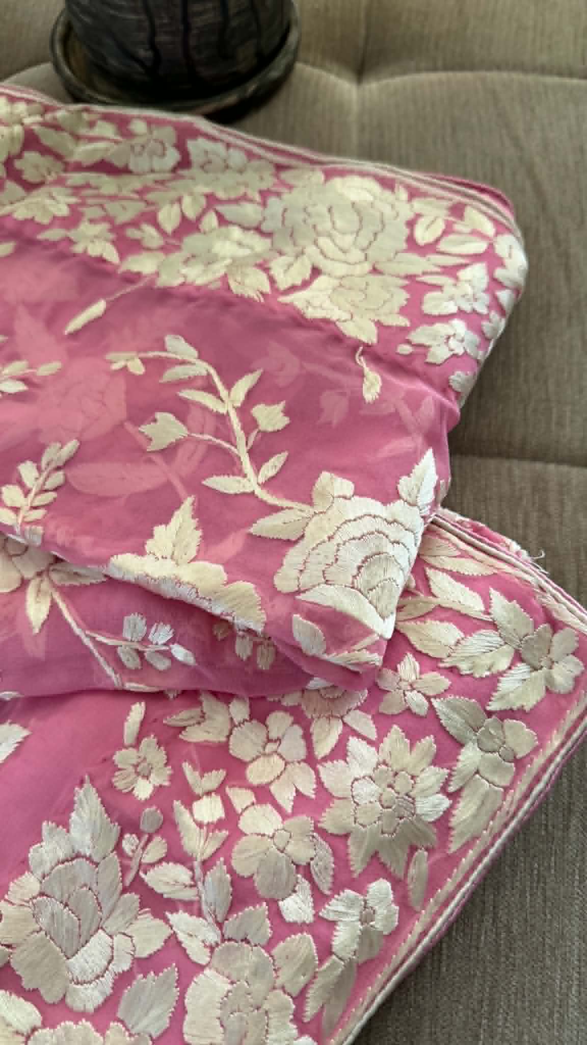 Elegant Pink & Ivory Parsi Gara Dupatta