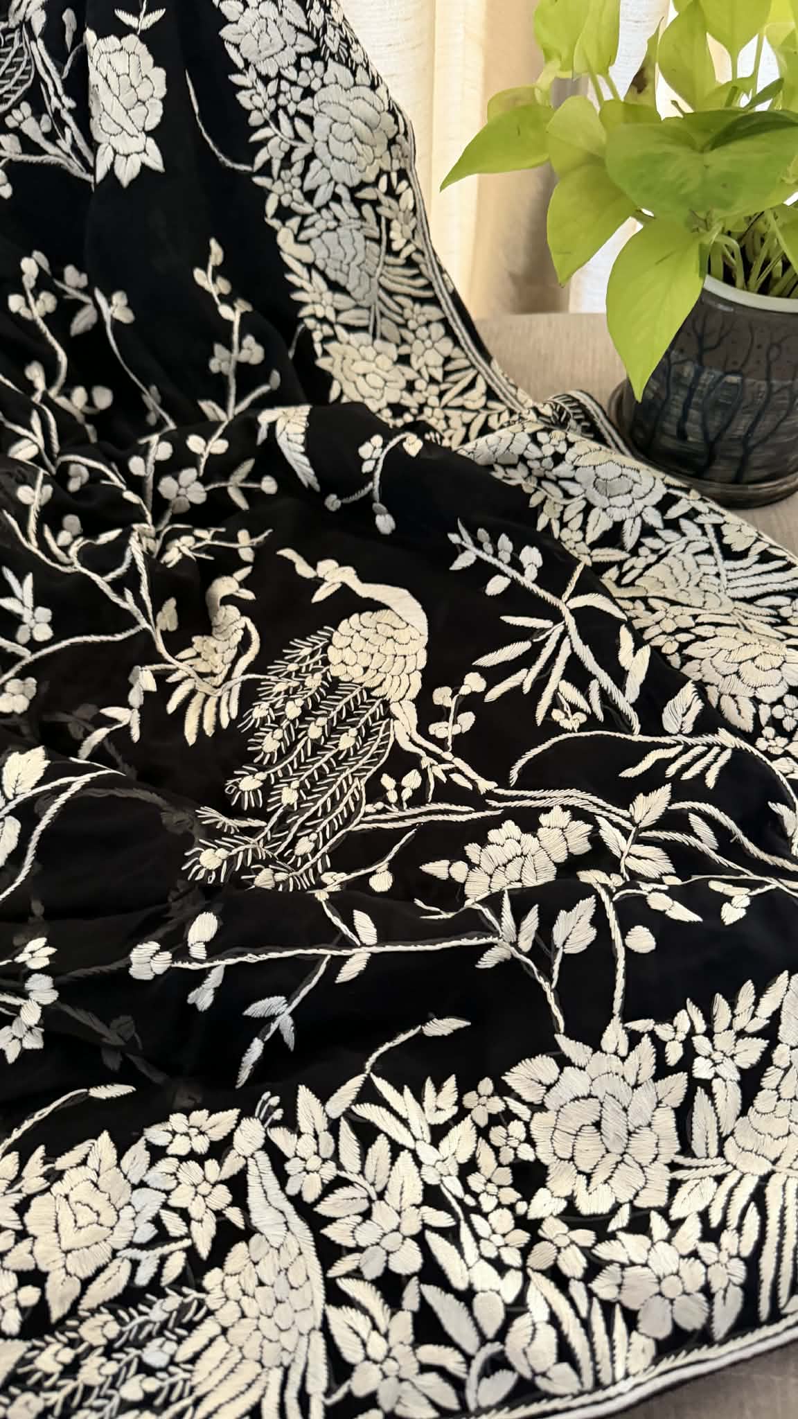 Artisanal Black & Ivory Parsi Gara Saree