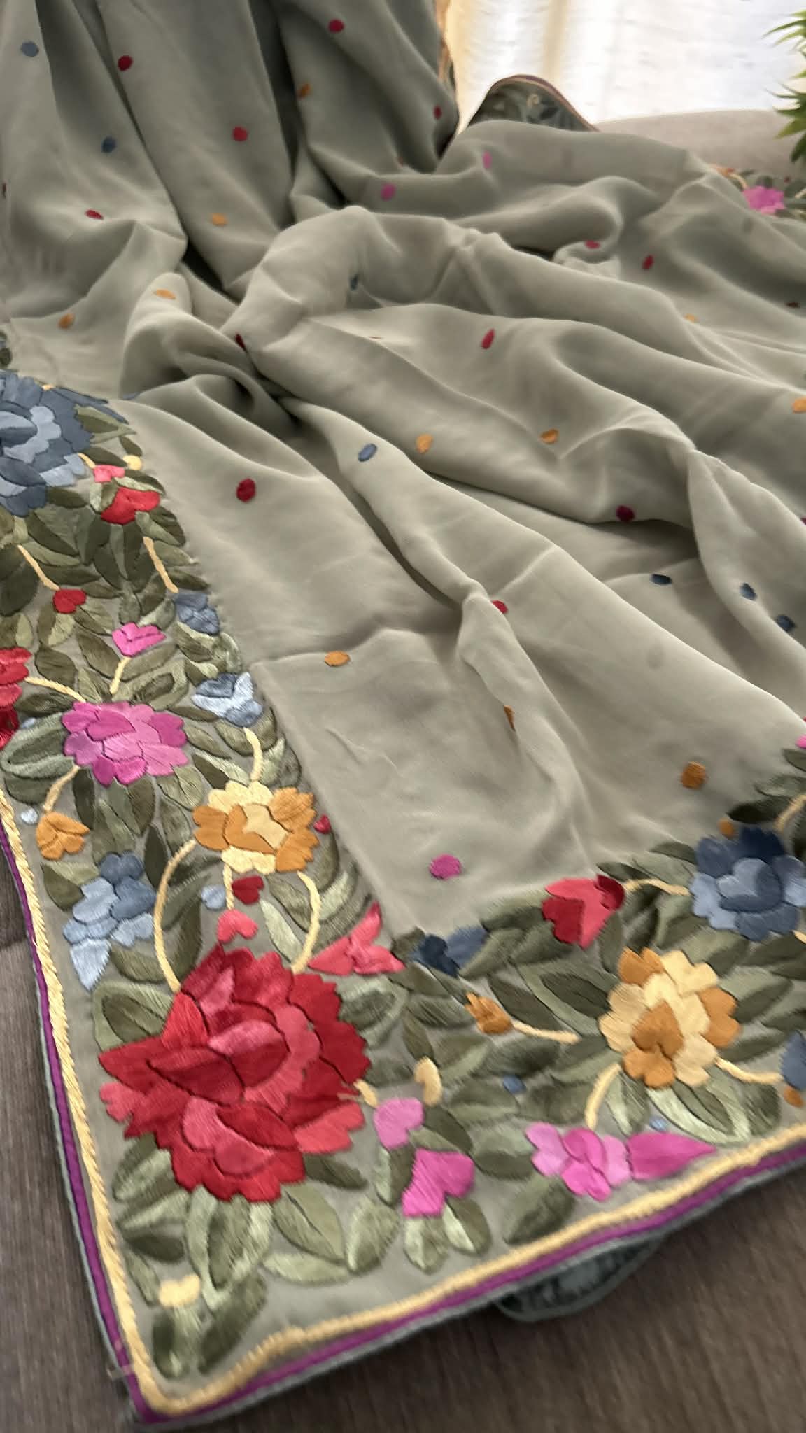 Designer Sage Green Parsi Gara Dupatta