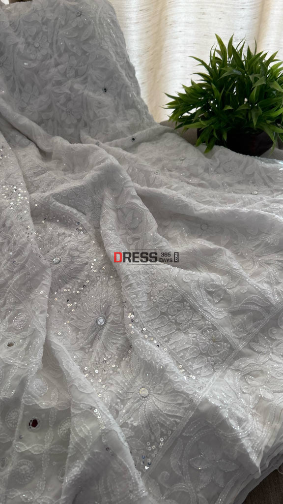 Chikankari Cut Dana Sequins & Mirror Saree Chikankari Saree