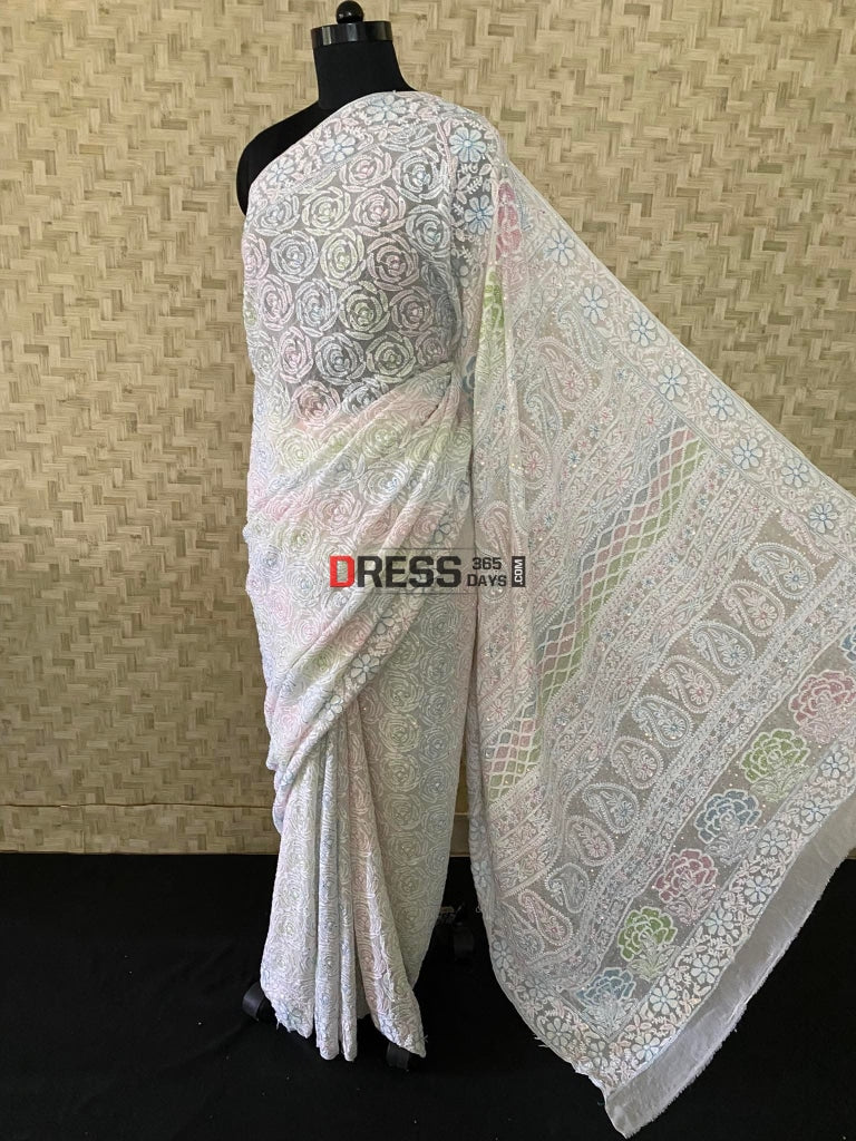 Chikankari & Multicolour Cut Dana Hand Embroidered Saree