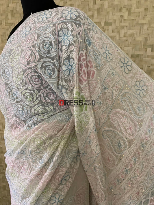 Chikankari & Multicolour Cut Dana Hand Embroidered Saree