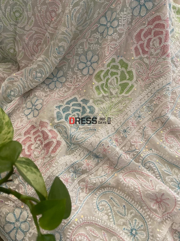 Chikankari & Multicolour Cut Dana Hand Embroidered Saree