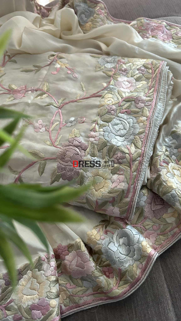 Cream Floral Satin Parsi Gara Suit (Two Piece) Parsi Gara Suits