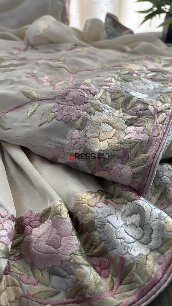 Cream Floral Satin Parsi Gara Suit (Two Piece) Parsi Gara Suits