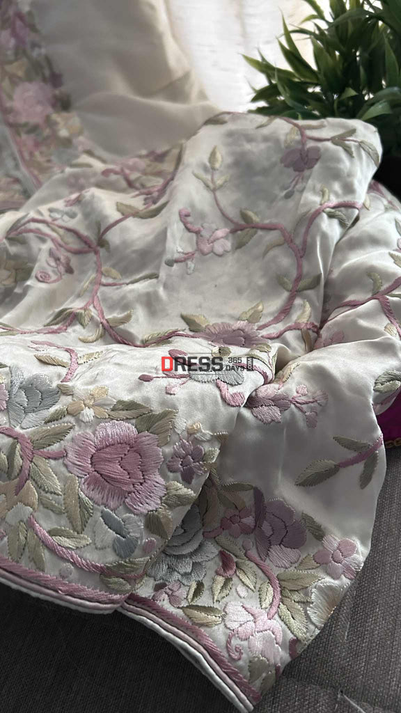 Cream Floral Satin Parsi Gara Suit (Two Piece) Parsi Gara Suits