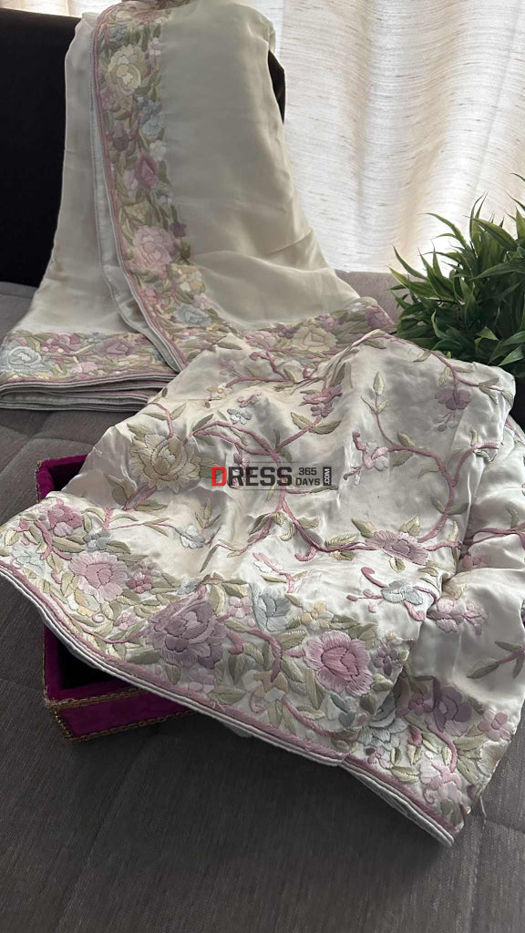 Cream Floral Satin Parsi Gara Suit (Two Piece) Parsi Gara Suits