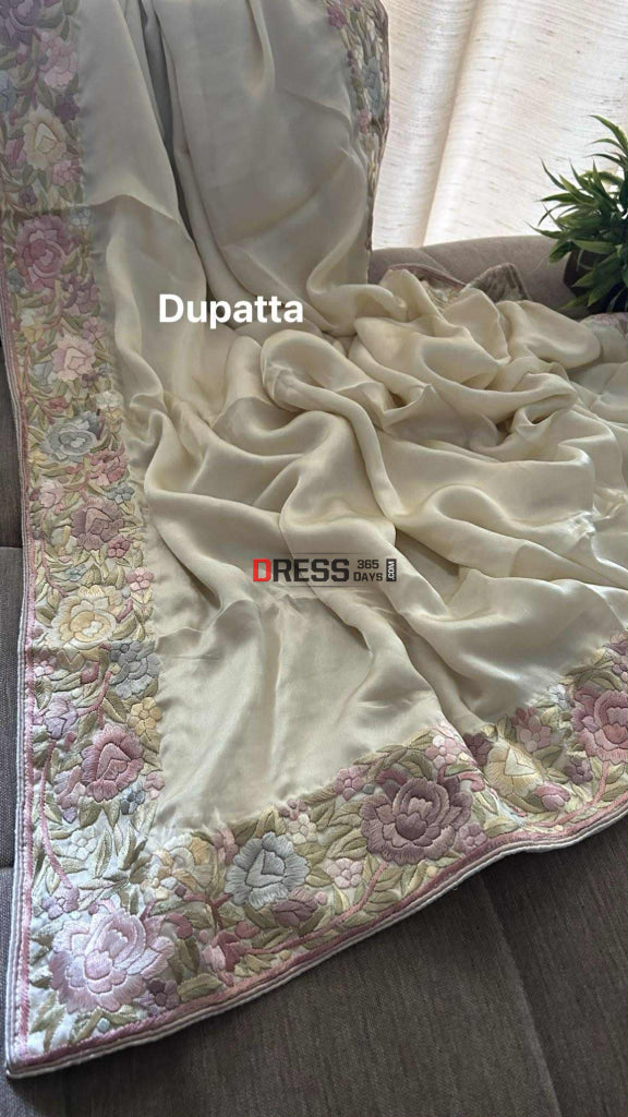 Cream Floral Satin Parsi Gara Suit (Two Piece) Parsi Gara Suits
