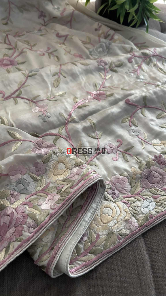 Cream Floral Satin Parsi Gara Suit (Two Piece) Parsi Gara Suits