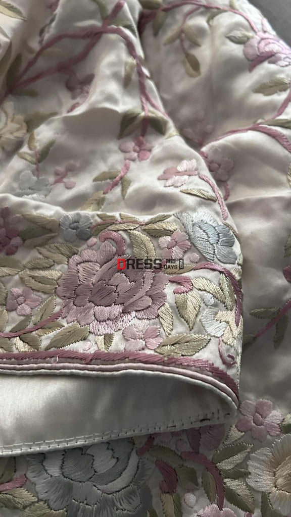 Cream Floral Satin Parsi Gara Suit (Two Piece) Parsi Gara Suits