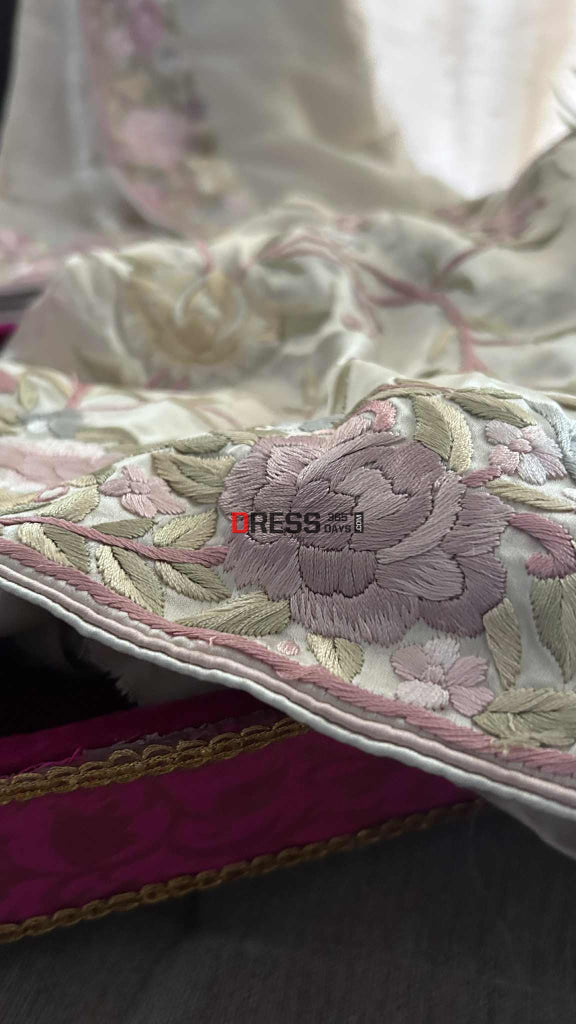 Cream Floral Satin Parsi Gara Suit (Two Piece) Parsi Gara Suits