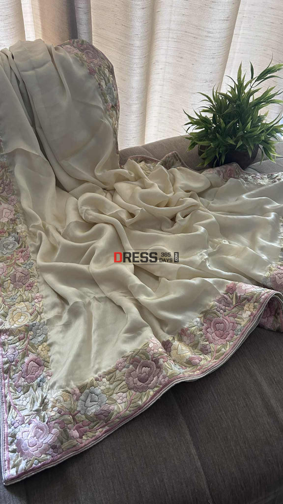 Cream Floral Satin Parsi Gara Suit (Two Piece) Parsi Gara Suits