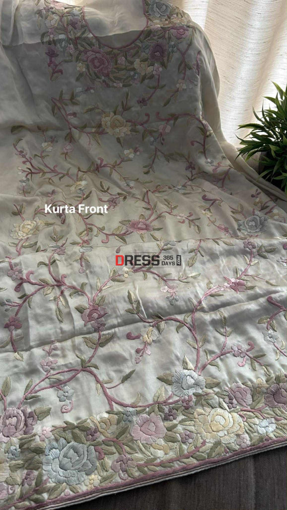 Cream Floral Satin Parsi Gara Suit (Two Piece) Parsi Gara Suits