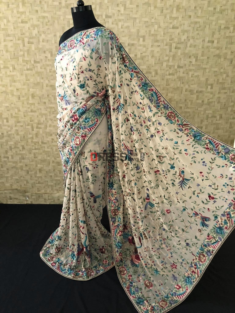 Pre Order Cream Multicolor Parsi Gara Gara Hand Embroidered Saree