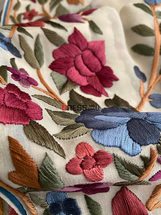 Cream Multicolour Parsi Gara Dupatta