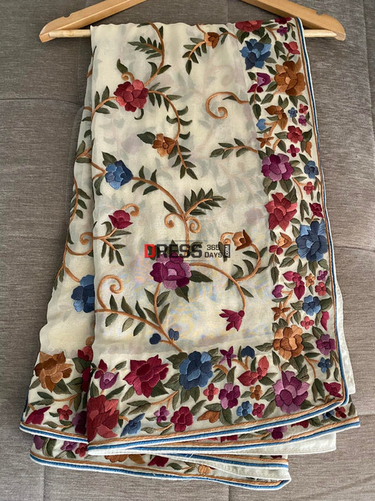 Cream Multicolour Parsi Gara Dupatta