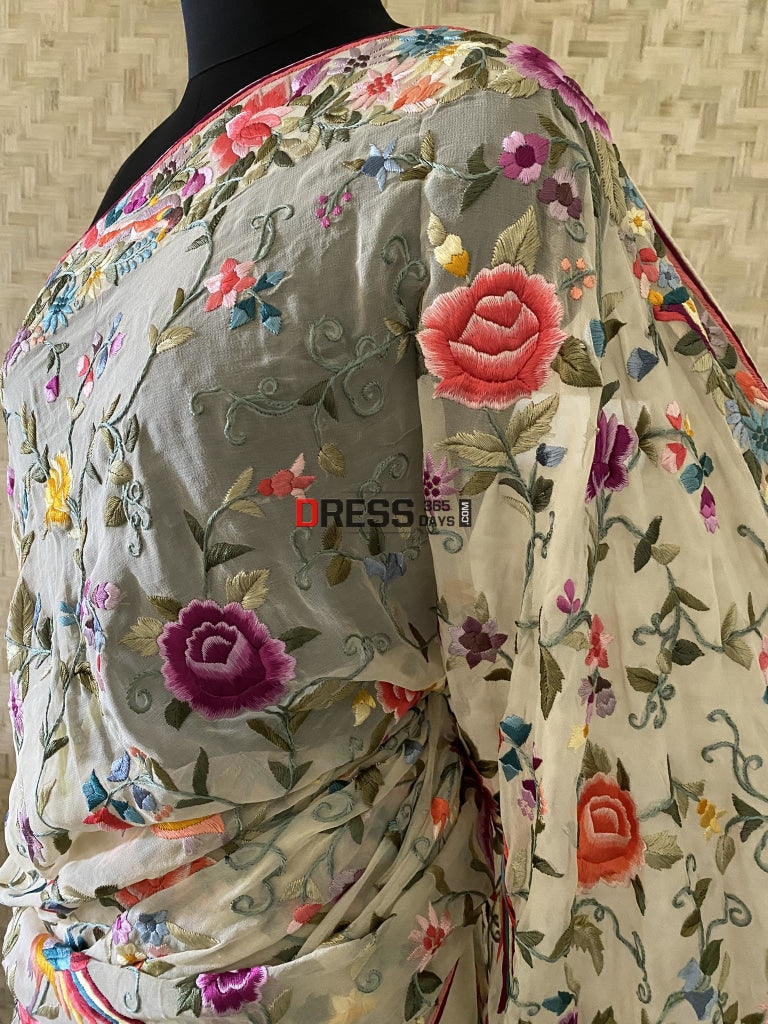 Cream Multicolour Parsi Gara Hand Embroidered Saree