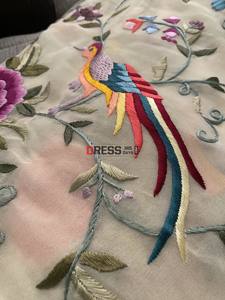 Cream Multicolour Parsi Gara Hand Embroidered Saree