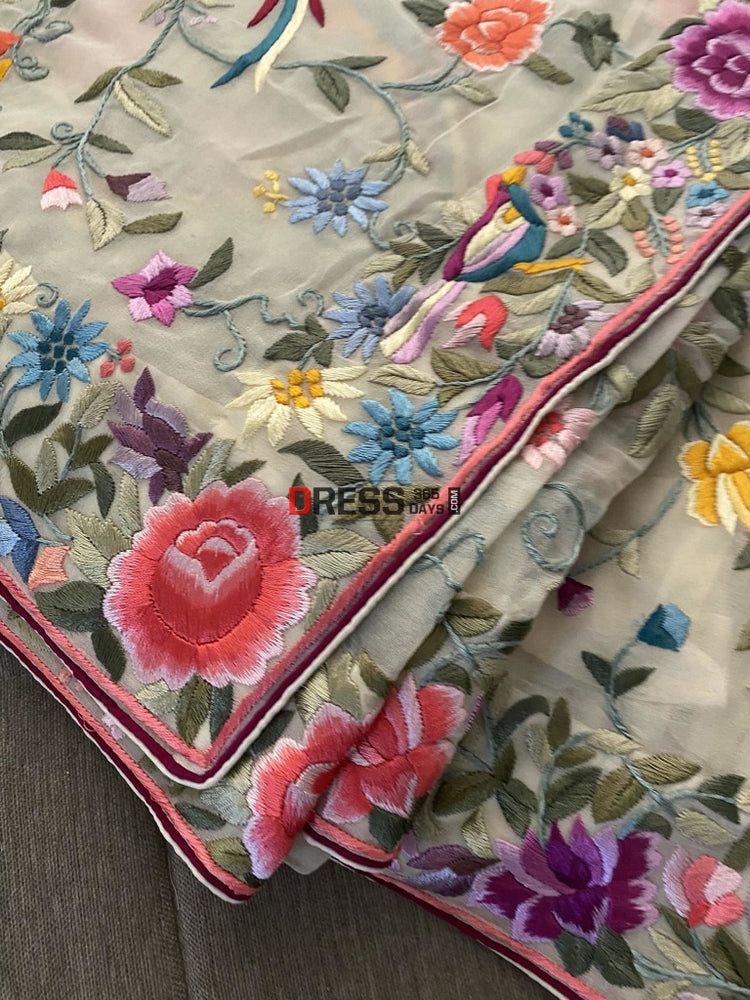 Cream Multicolour Parsi Gara Hand Embroidered Saree – Dress365days