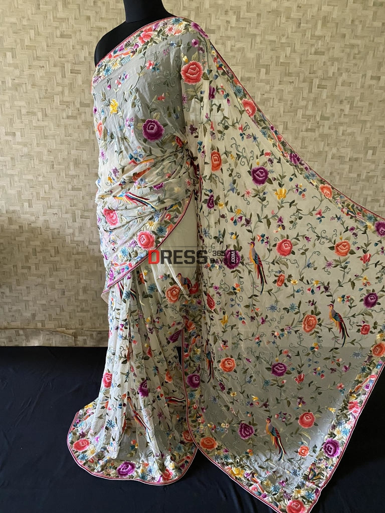 Cream Multicolour Parsi Gara Hand Embroidered Saree