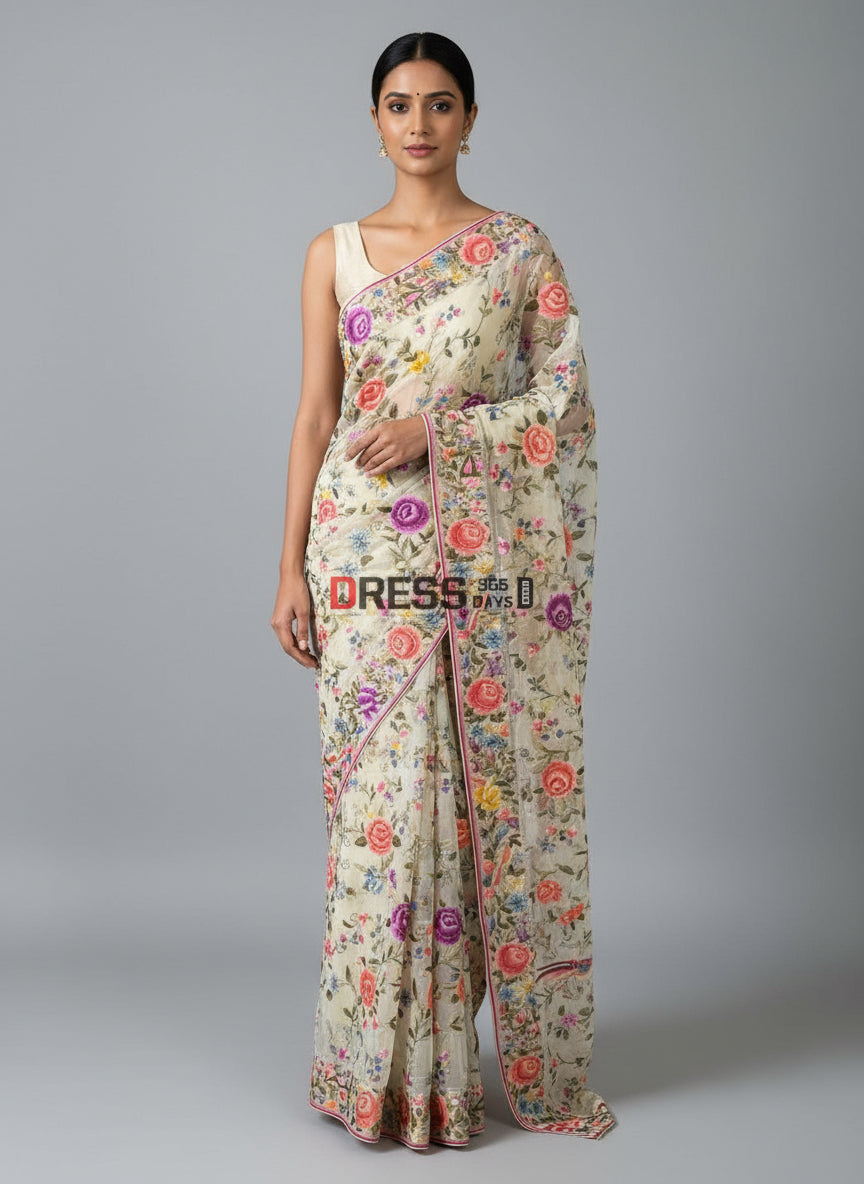 Pre Order Cream Multicolour Parsi Gara Hand Embroidered Saree
