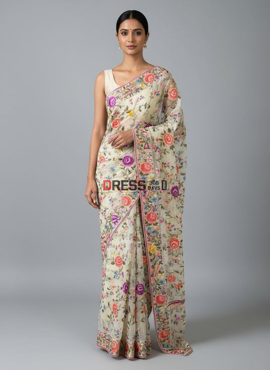 Pre Order Cream Multicolour Parsi Gara Hand Embroidered Saree