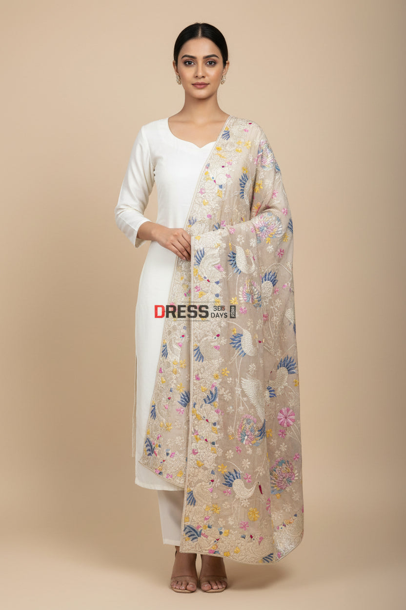Pre Order Cream Parsi Gara Hand Embroidered Dupatta