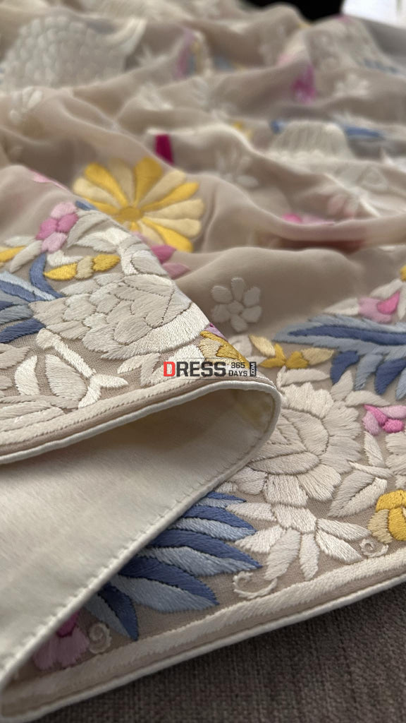 Cream Parsi Gara Hand Embroidered Dupatta