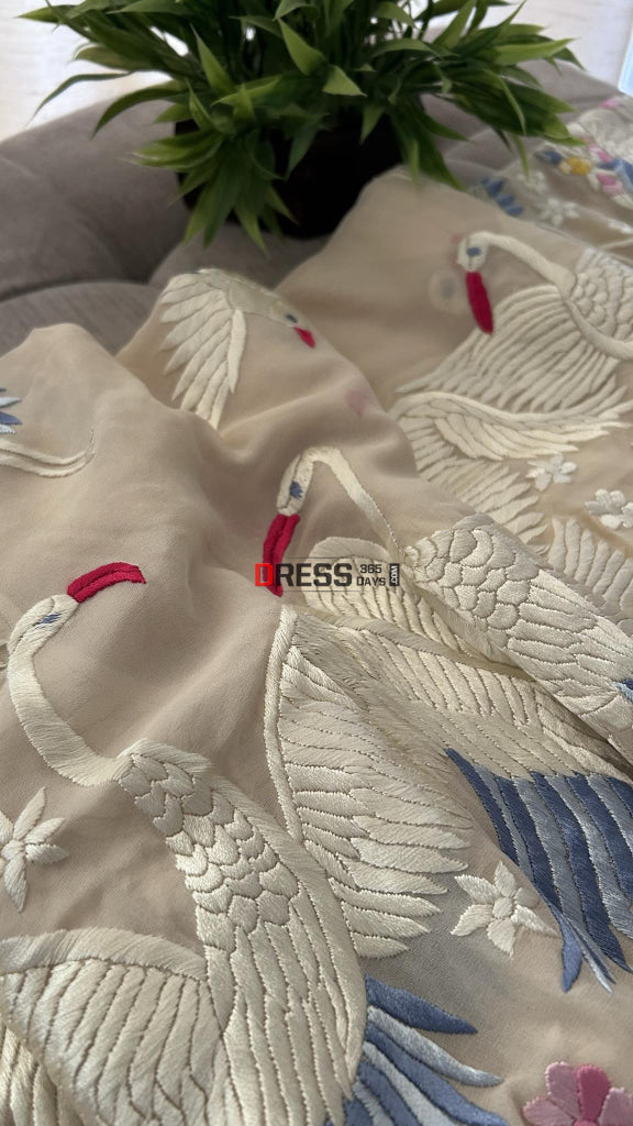 Cream Parsi Gara Hand Embroidered Dupatta