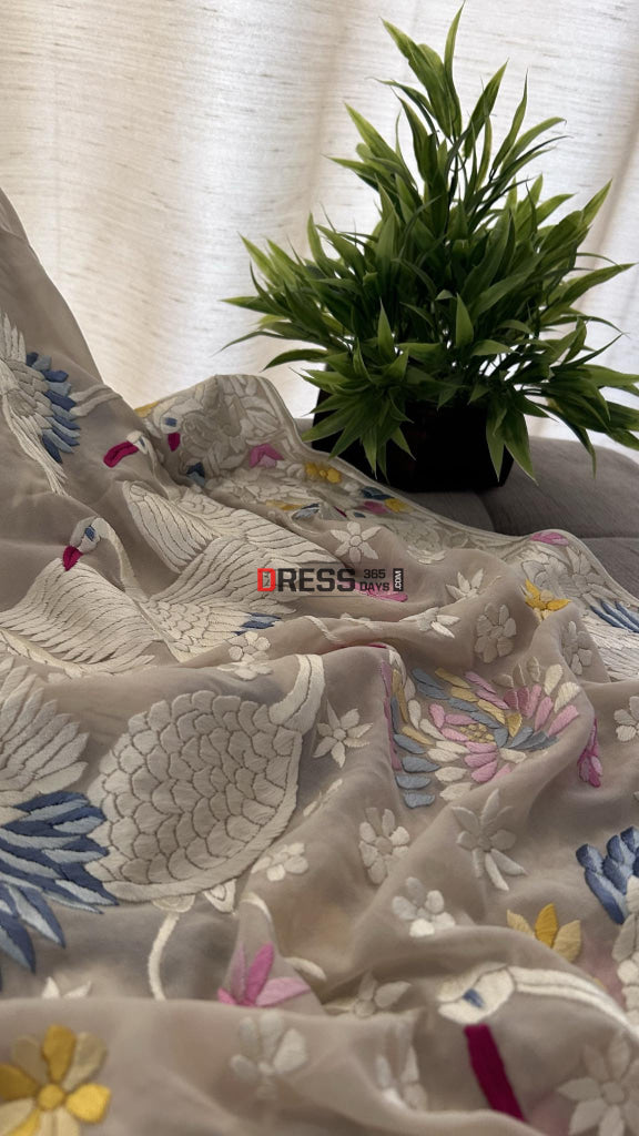 Cream Parsi Gara Hand Embroidered Dupatta