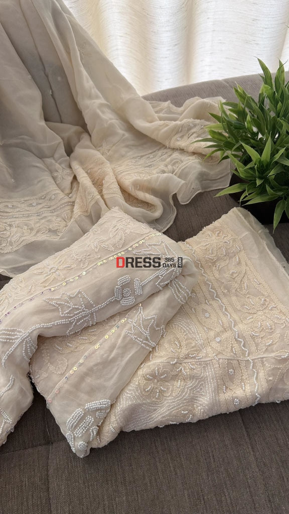 Cream Pearl Chikankari Anarkali