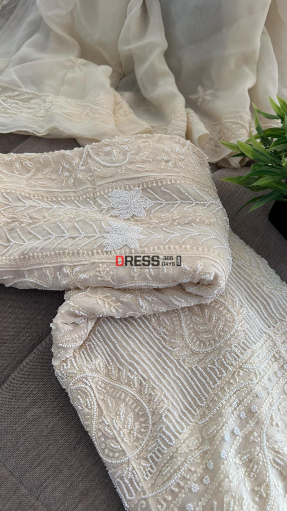 Cream Pearl Chikankari Anarkali (Anarkali & Dupatta) Chikankari Anarkali