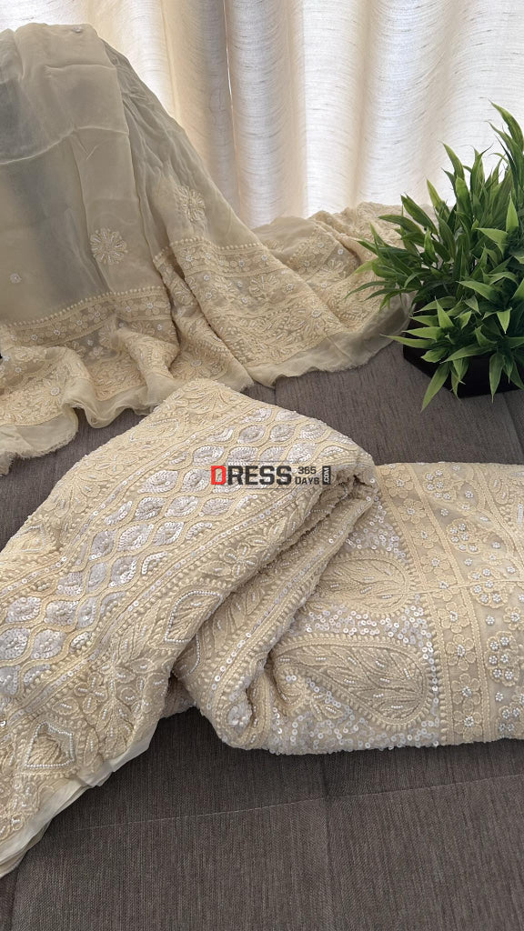 Cream Pearl & Sequins Chikankari Anarkali (Anarkali Dupatta)