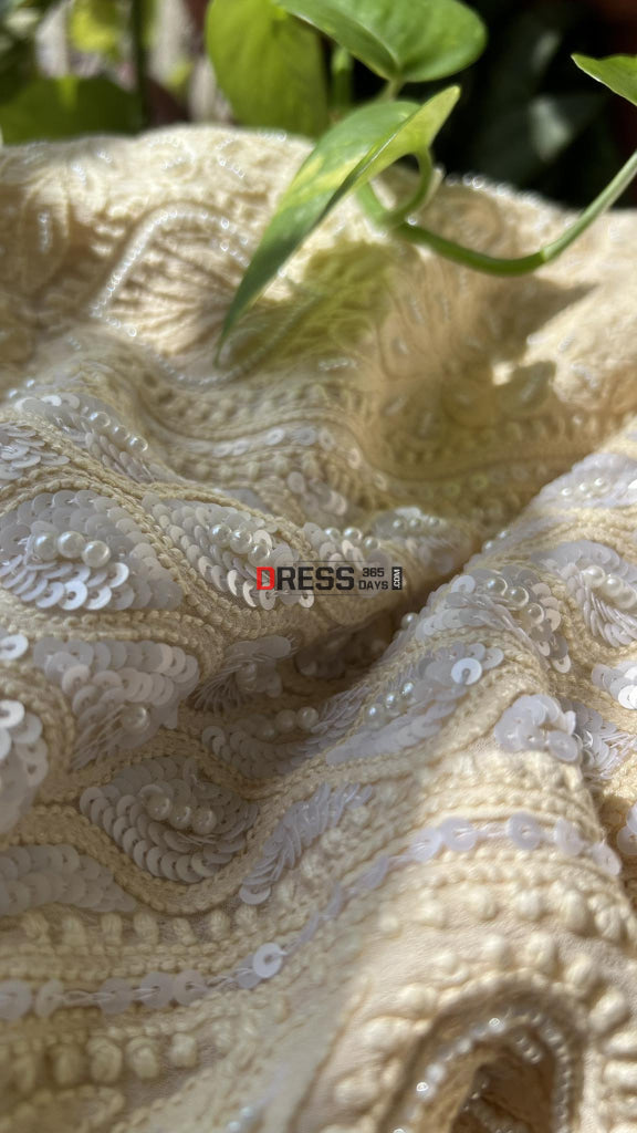 Cream Pearl & Sequins Chikankari Anarkali (Anarkali Dupatta)