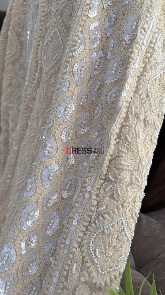 Cream Pearl & Sequins Chikankari Anarkali (Anarkali Dupatta)