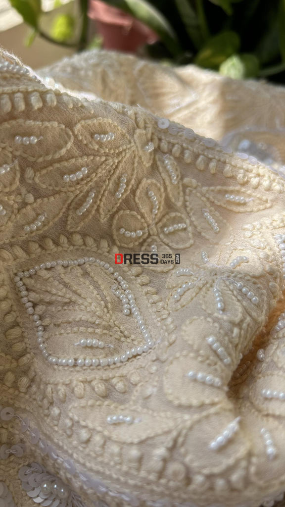 Cream Pearl & Sequins Chikankari Anarkali (Anarkali Dupatta)