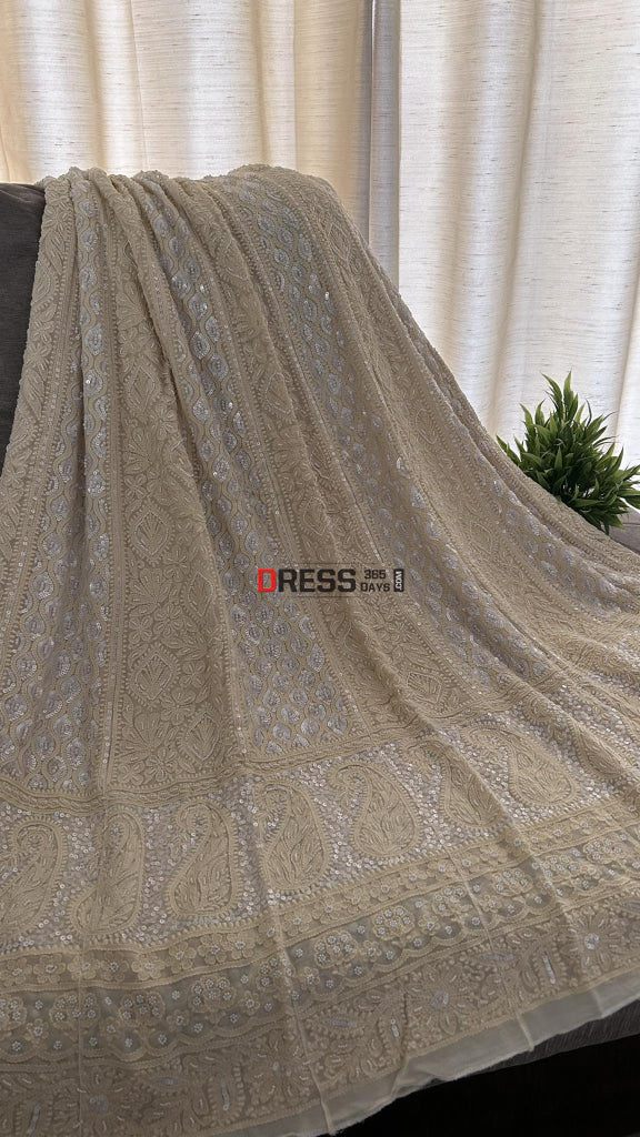 Cream Pearl & Sequins Chikankari Anarkali (Anarkali Dupatta)