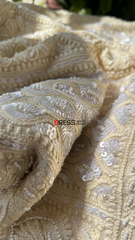 Cream Pearl & Sequins Chikankari Anarkali (Anarkali Dupatta)