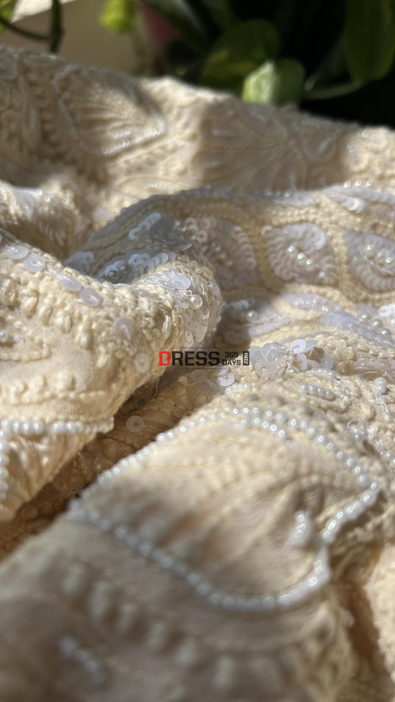 Cream Pearl & Sequins Chikankari Anarkali (Anarkali Dupatta)