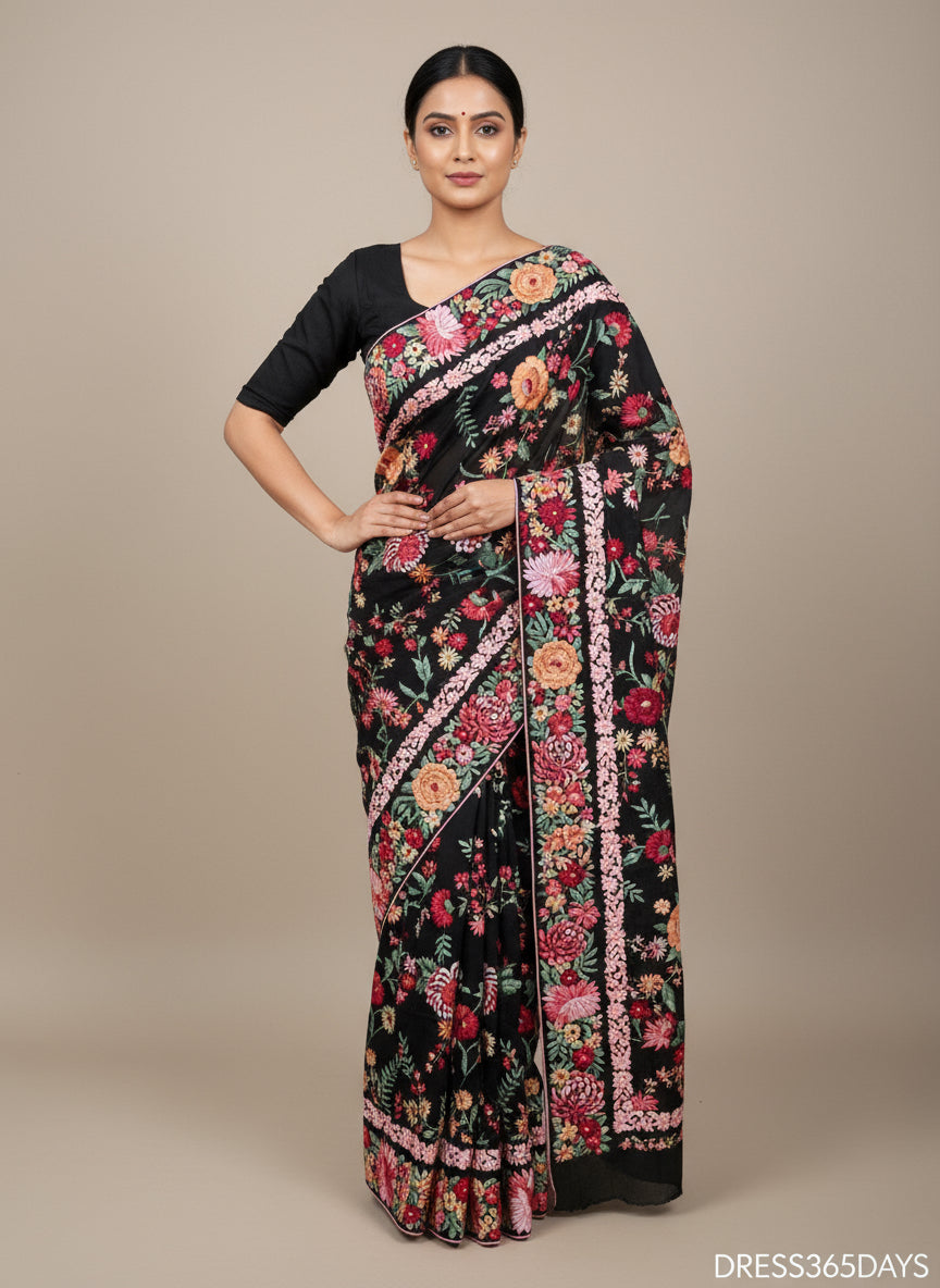 Pre Order Crepe Silk Parsi Gara Hand Embroidered Saree