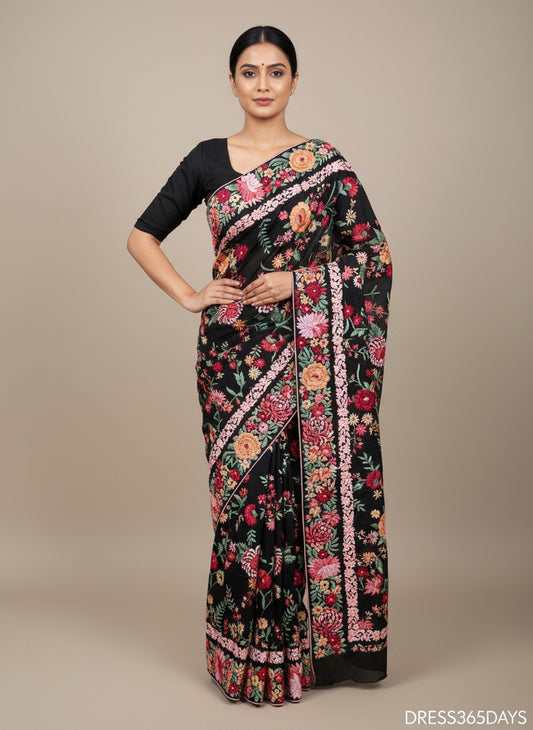 Pre Order Crepe Silk Parsi Gara Hand Embroidered Saree